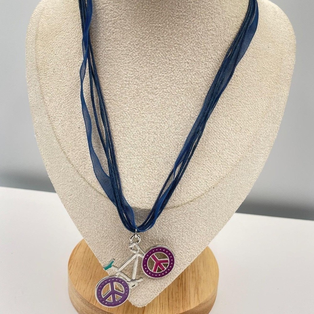 Vintage Peace Sign Bicycle Pendant Necklace Blue Ribbon Cord Multi Strand Boho